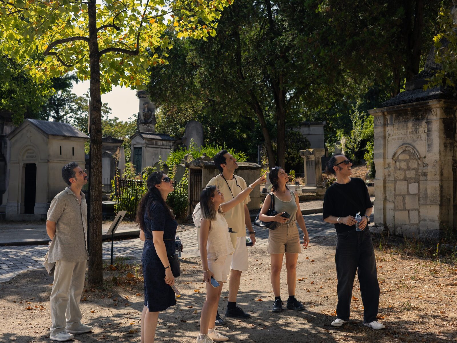 A small group of six visitors on a gravel path looking up at a monument, dappled sunlight through plane trees